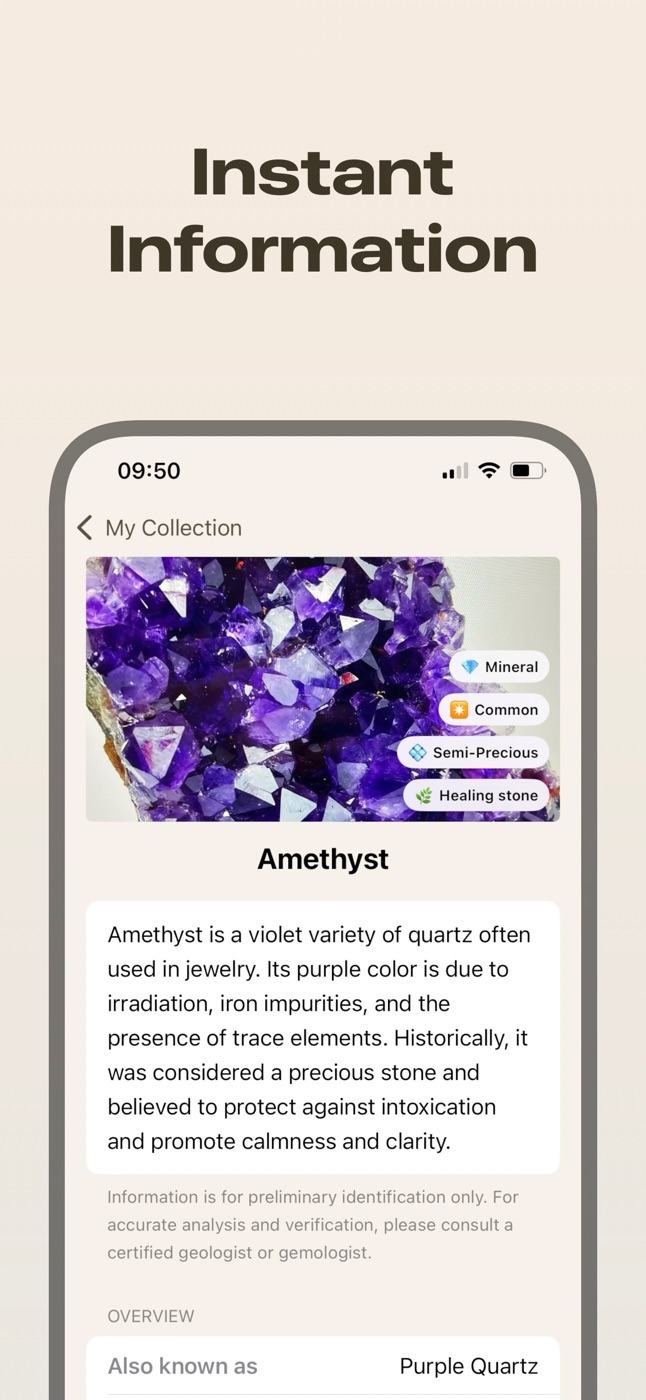 AI Stone showing an amethyst with its description, rarity and stone type