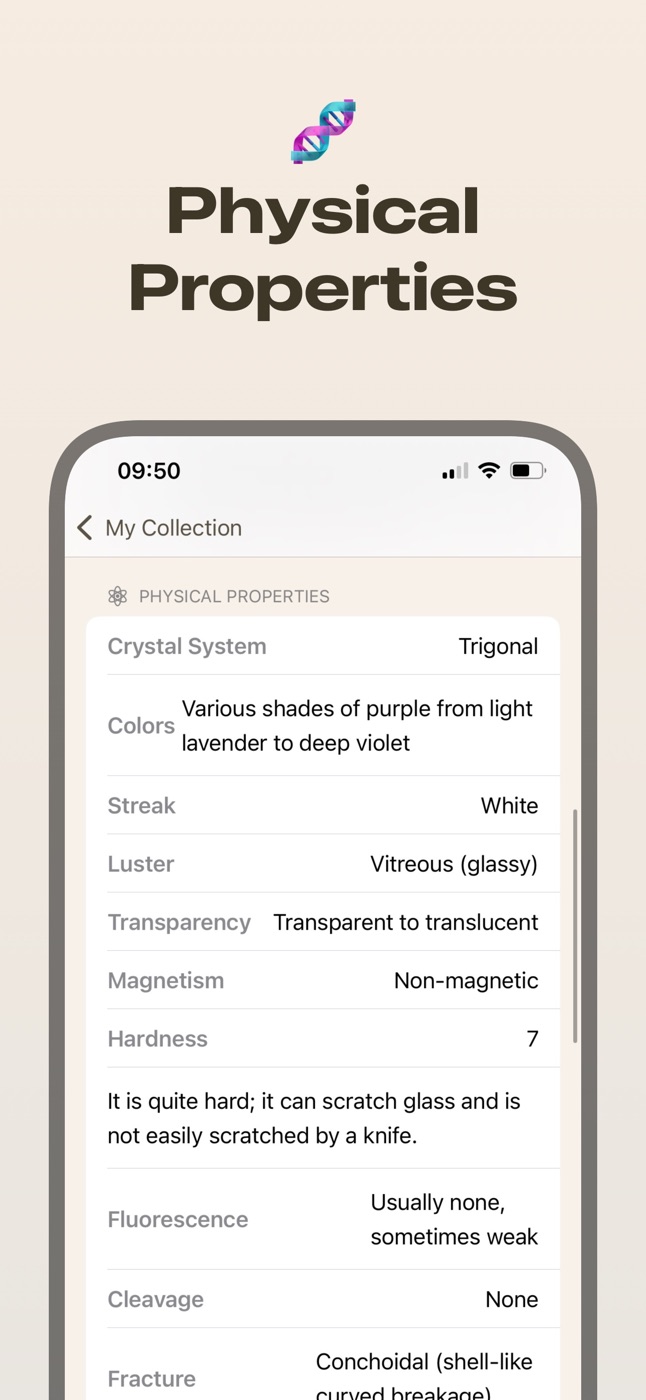 Physical properties such as crystal system, streak and luster